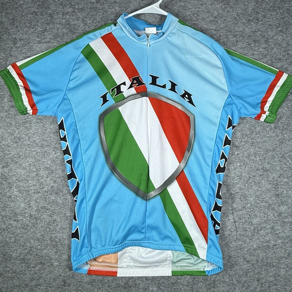 Italia Cycling Jersey Mens L Back Pockets Polyester Blue Italy Flag Print